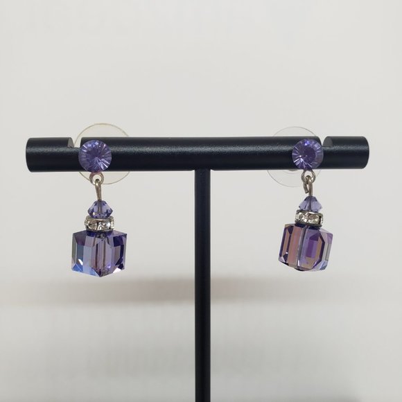 Purple & Clear Cube Dangle/Drop Stud Earrings - Picture 5 of 12